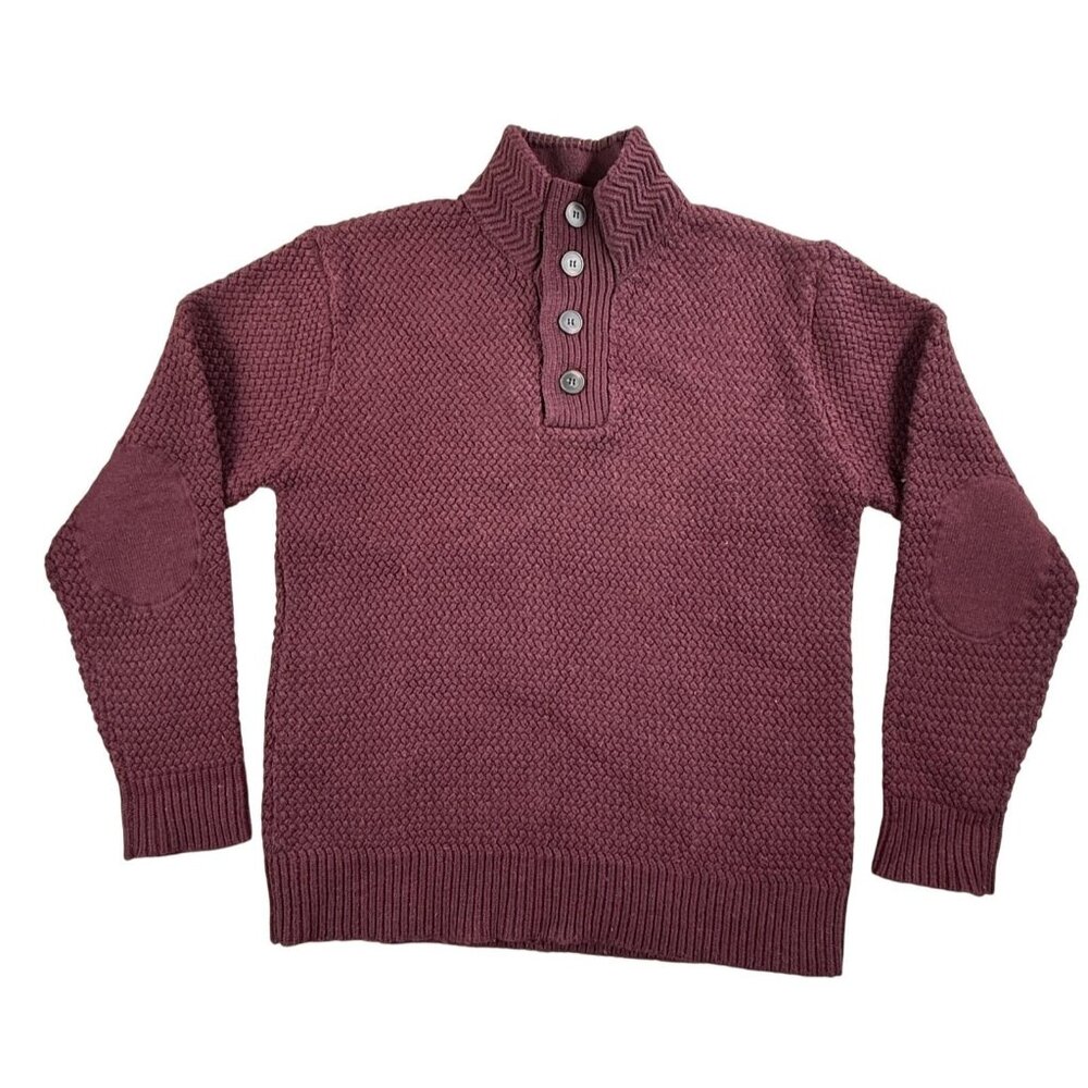 Schott Bros Sweater Mens XL Red Wool Mock Neck Henley Elbow Patches Chunky Knit